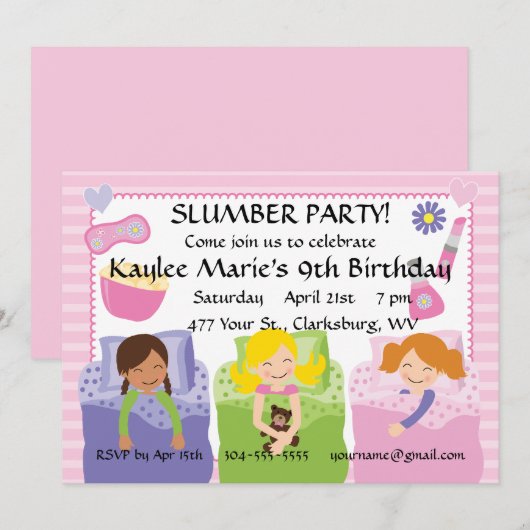 Invitation Anniversaire de soirée pyjamas (Devant / Derrière)