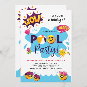 Invitation Anniversaire de Splash / 3D emoji / Pool party