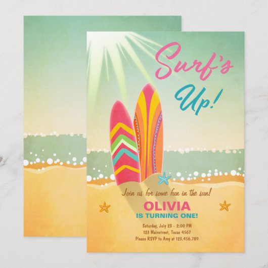 Invitation Anniversaire de surf Surf de plage (Devant / Derrière)