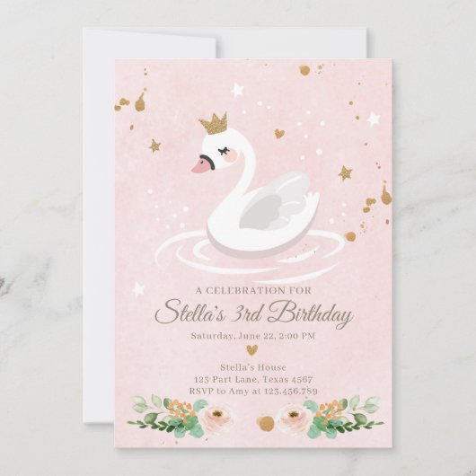 Invitation Anniversaire de Swan Girl Princess Pink (Devant)