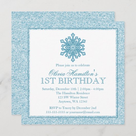 Invitation Anniversaire de Teal de flocon de neige (Devant / Derrière)