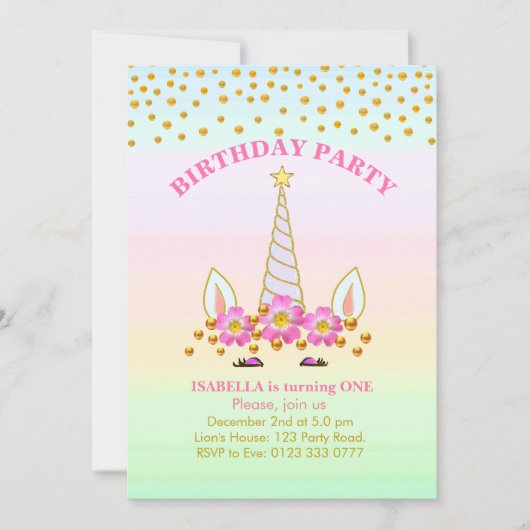 Invitation Anniversaire de Unicorne, Fleurs et Confetti (Devant)