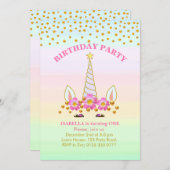 Invitation Anniversaire de Unicorne, Fleurs et Confetti (Devant / Derrière)