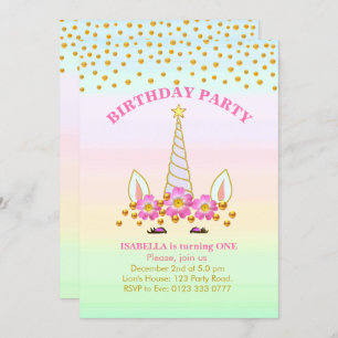 Invitation Anniversaire de Unicorne, Fleurs et Confetti