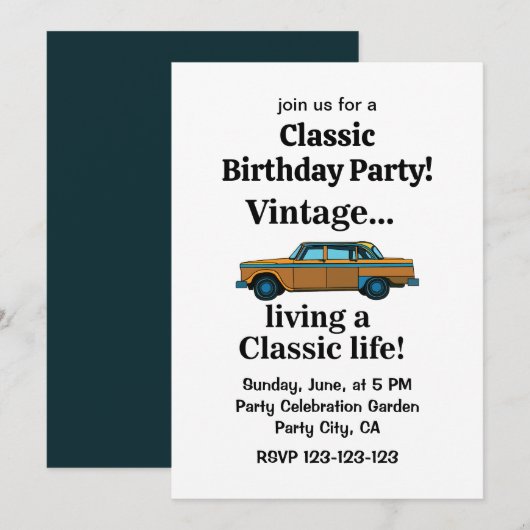 Invitation Anniversaire de Voiture Classique Vintage (Devant / Derrière)