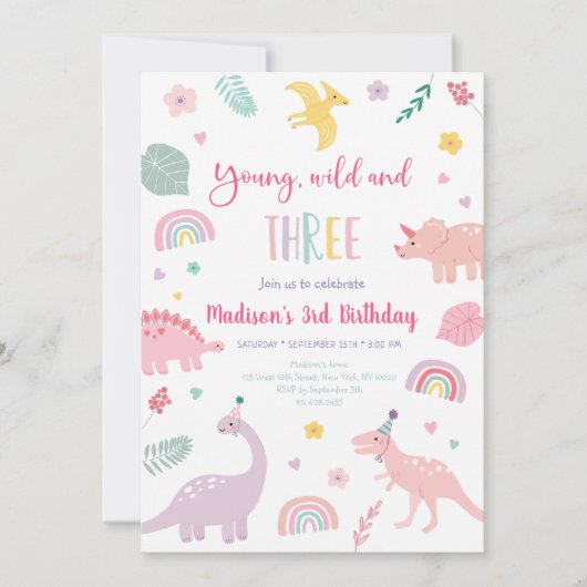 Invitation Anniversaire de Young Wild et Three Pink Dinosaur (Devant)