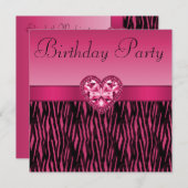 Invitation Anniversaire de zèbres roses chaudes et de coeurs  (Devant / Derrière)