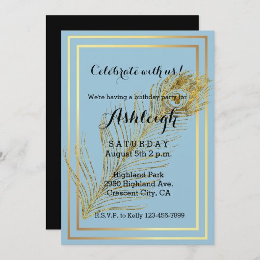 Invitation Anniversaire d'Elegant Glam Peacock Feather (Devant / Derrière)