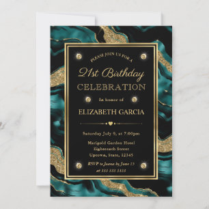 Invitation Anniversaire des 21 ans paillettes sarcelle et or