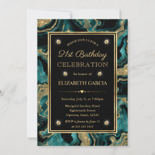 Invitation Anniversaire des 21 ans paillettes sarcelle et or