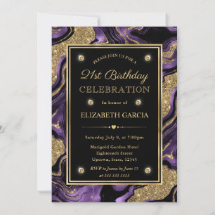 Invitation Anniversaire des 21 ans Paillettes Violet et Or Él