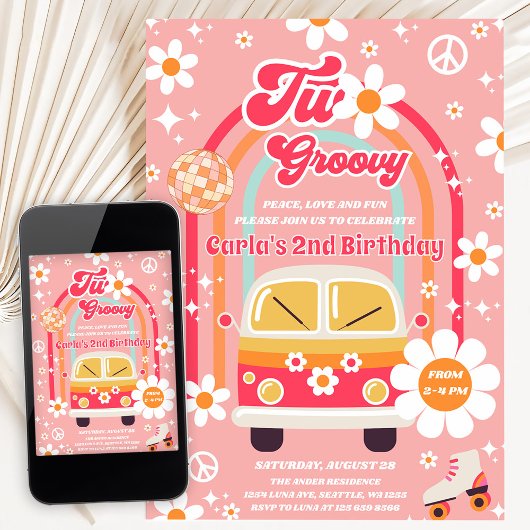 Invitation Anniversaire des 2 ans Retro Hippie Daisy Rainbow 