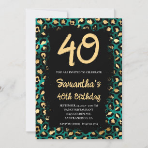 Invitation Anniversaire des 40 ans Gold Teal Leopard Peint en
