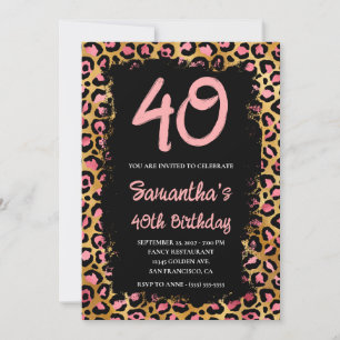 Invitation Anniversaire des 40 ans Rose et Or Léopard Peint e