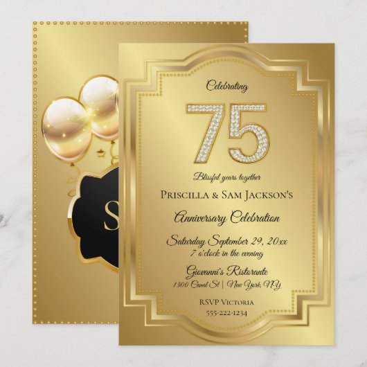 Invitation Anniversaire des 75 ans Or & Diamants (Devant / Derrière)