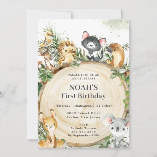 Invitation Anniversaire des animaux australiens en tranches d (Devant)