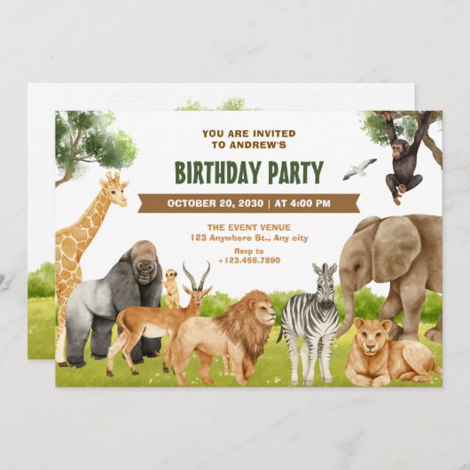 Invitation anniversaire des animaux Safari (Devant / Derrière)