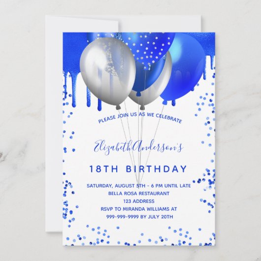 Invitation Anniversaire des ballons bleus royaux (Devant)