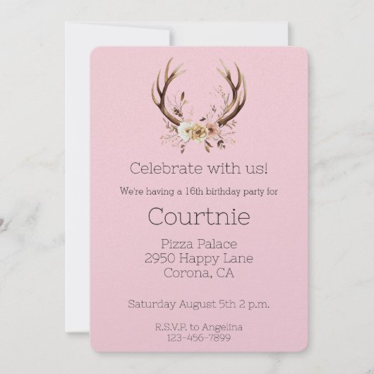 Invitation Anniversaire des Cerfs Floraux Roses Antlers Occid (Devant)