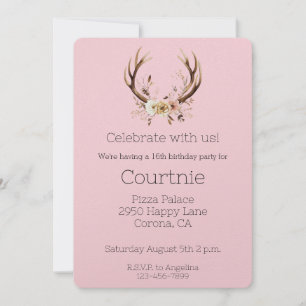 Invitation Anniversaire des Cerfs Floraux Roses Antlers Occid