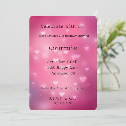 Invitation Anniversaire des Coeurs Bokeh roses (Debout devant)