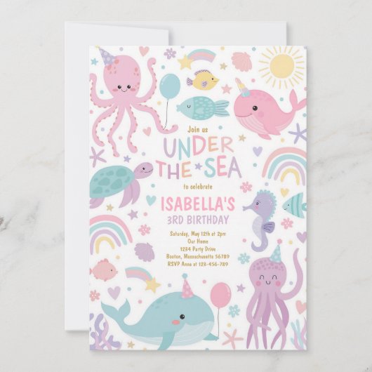 Invitation Anniversaire des Créatures Mignonnes Sous La Mer (Devant)