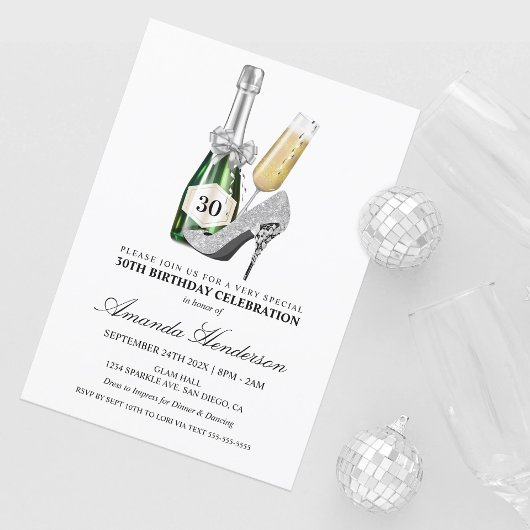 Invitation Anniversaire des femmes en argent et champagne