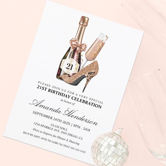 Invitation Anniversaire des femmes roses en or et champagne