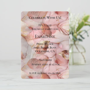 Invitation Anniversaire des Feuilles d'or rose rose romantiqu