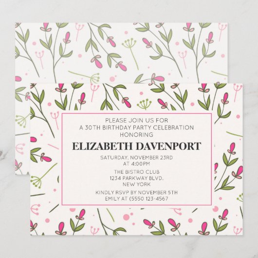 Invitation Anniversaire des Fleurs sauvages roses et verts (Devant / Derrière)