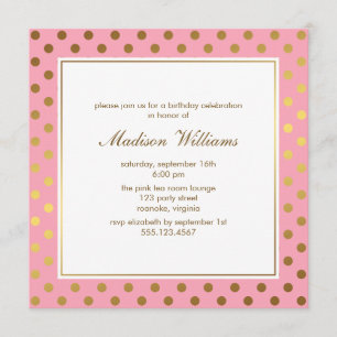 Invitation Anniversaire des Pois roses et d'or
