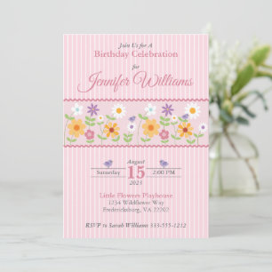 Invitation Anniversaire des rayures florales roses