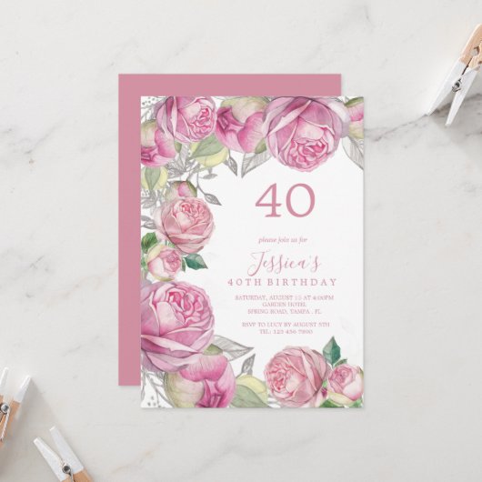 Invitation Anniversaire des Roses romantiques vintages (Devant/Arrière en situation)