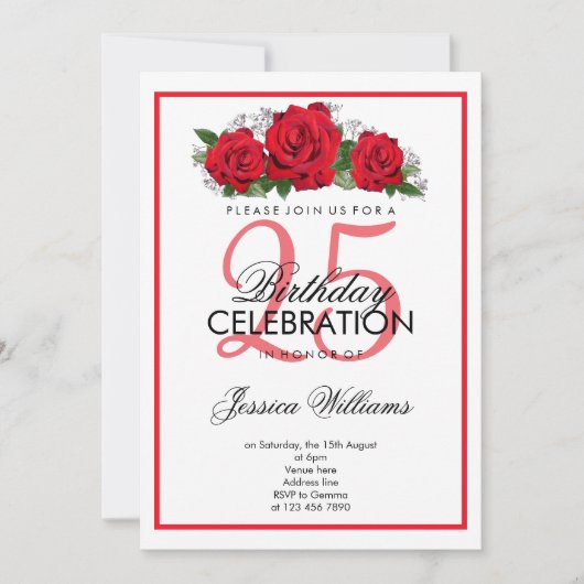 Invitation Anniversaire des Roses Rouges Romantiques (Devant)