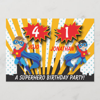 Invitation Anniversaire des Twins Superhero| Garçons Brown/Ch