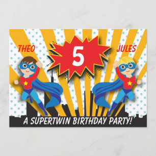 Invitation Anniversaire des Twins Superhero  Garçons Brown/Ch