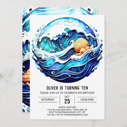 Invitation Anniversaire des vagues marines (Devant / Derrière)