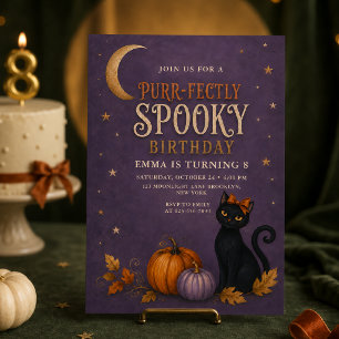 Invitation Anniversaire d'Halloween de chat noir parfaitement