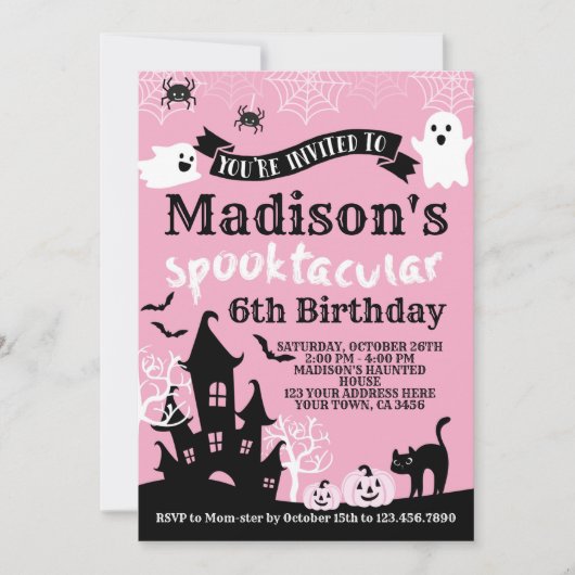 Invitation Anniversaire d'Halloween rose (Devant)