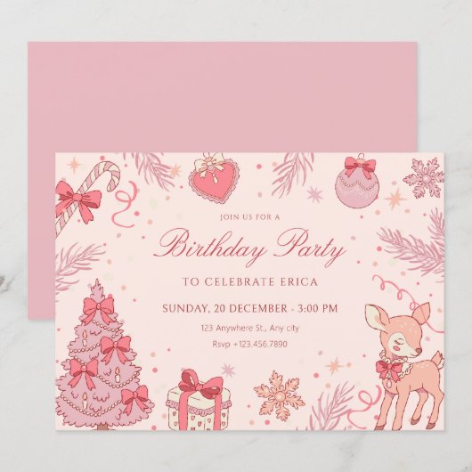 Invitation Anniversaire d'hiver mignon rose (Devant / Derrière)