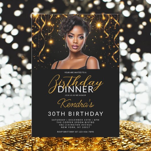 Invitation Anniversaire Dîner Gold et Black Photo Instagram