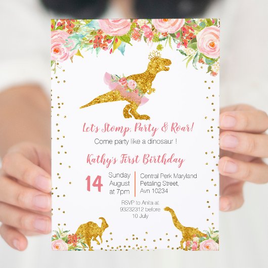 Invitation Anniversaire Dino Trex Rose Floral