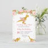 Invitation Anniversaire Dino Trex Rose Floral (Debout devant)