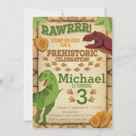 Invitation Anniversaire Dinosaur, Invitation T-Rex (Devant)