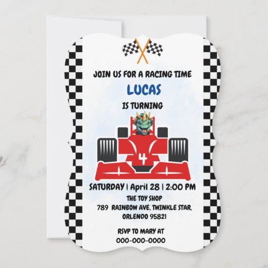 Invitation Anniversaire Dinosaur voiture de course garçon cou (Devant)