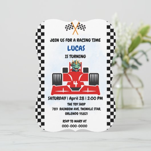 Invitation Anniversaire Dinosaur voiture de course garçon cou (Debout devant)
