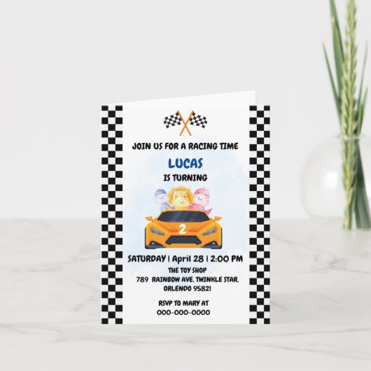Invitation Anniversaire Dinosaur voiture de course garçon cou (Devant)