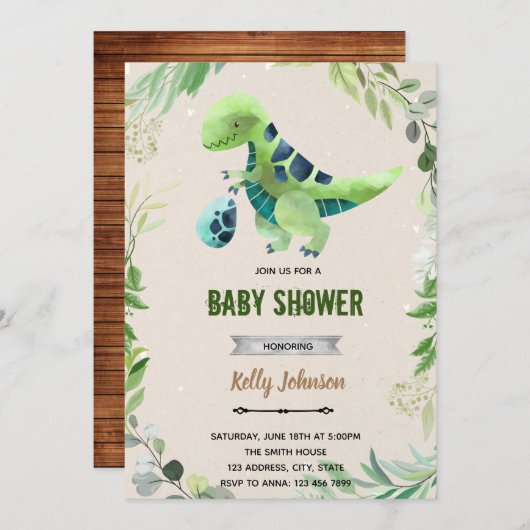 Invitation anniversaire dinosaure douche verdure (Devant / Derrière)