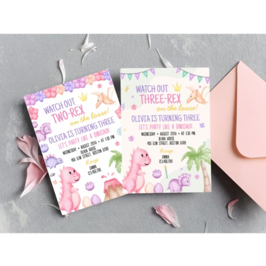 Invitation Anniversaire Dinosaure pour fille à deu