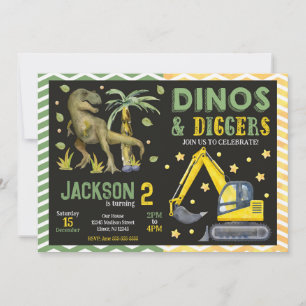 Invitation Anniversaire Dinosaures et Engins de chantier Dino